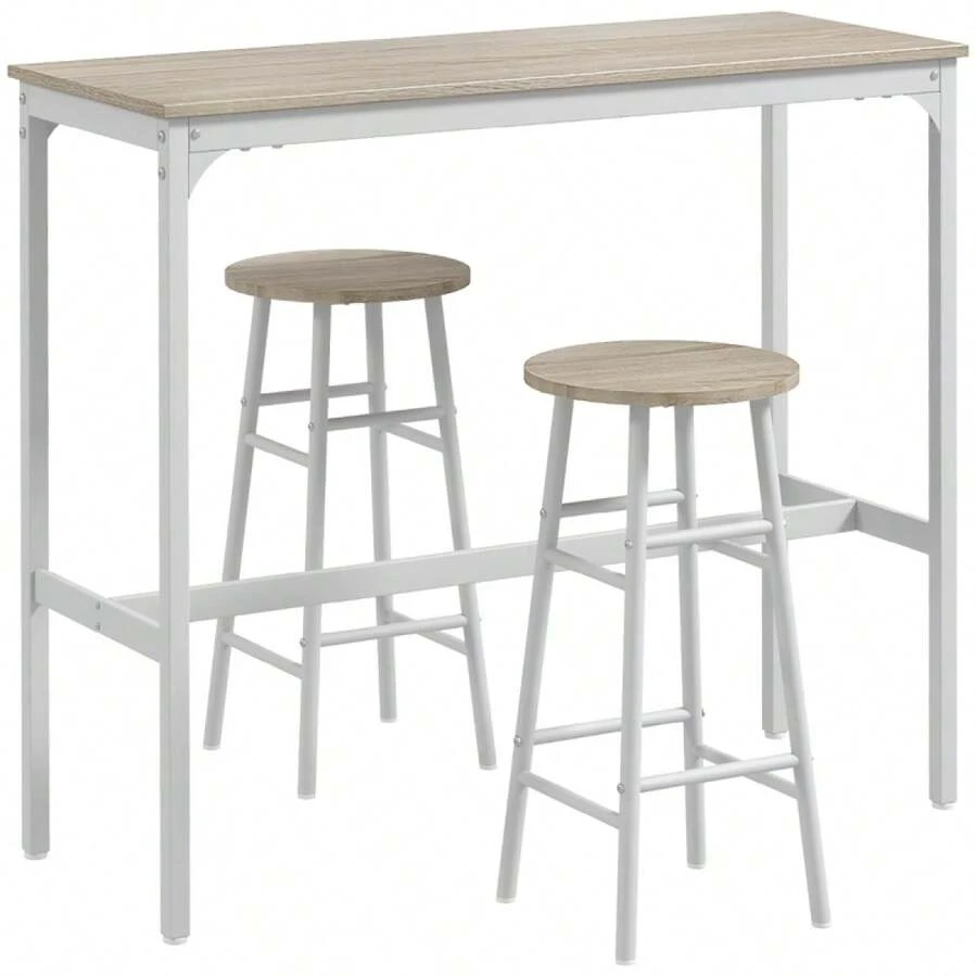3 Piece Bar Table Set With 2 Stools, Industrial Bar Table And Stool, Dining Table And Chair, - Oak + Engineered Wood - View 1