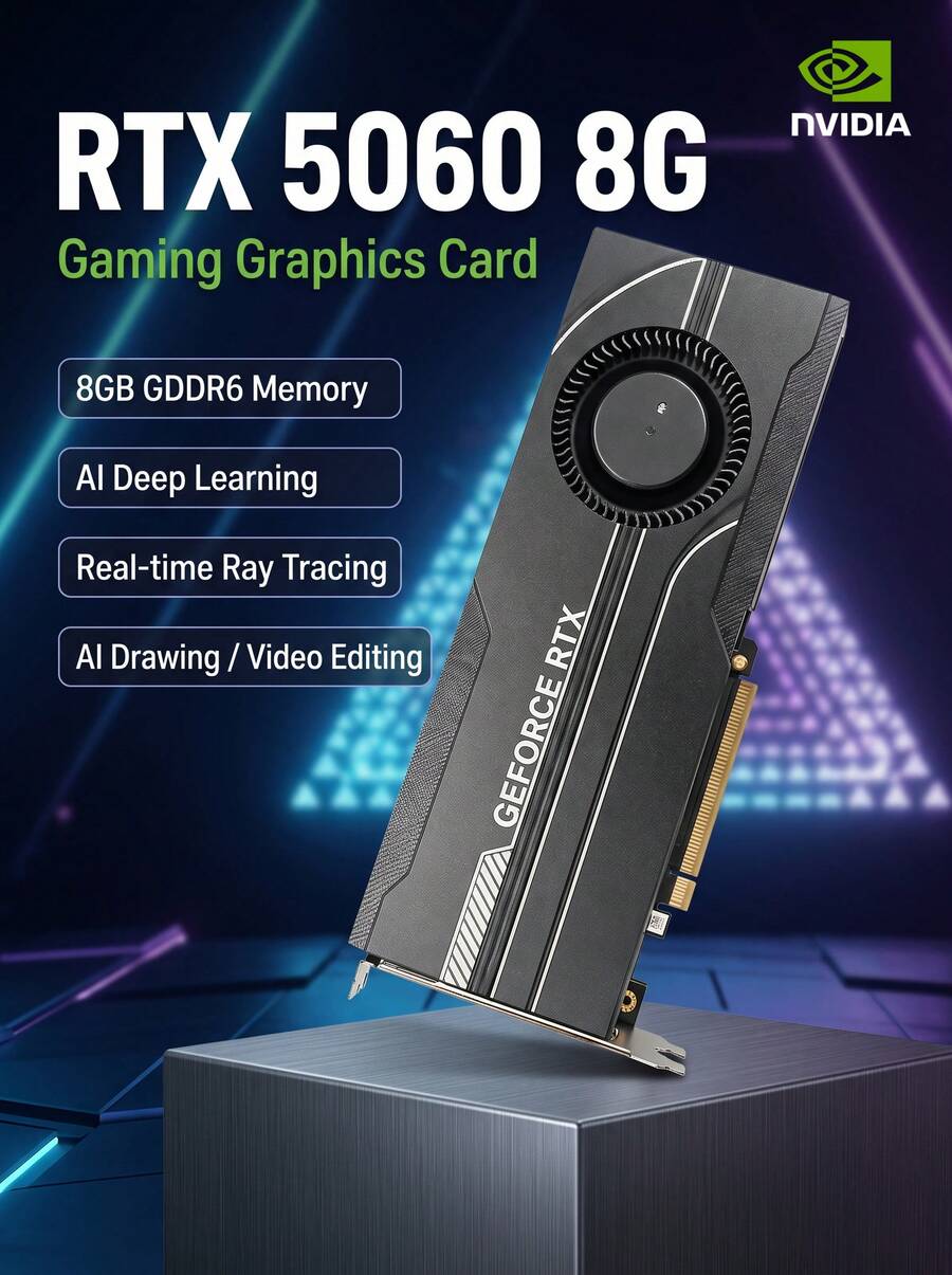 Nvidia GPU RTX 5060 8G Blower untuk Penggambaran AI, Rendering, Pemodelan, Desain, dan Pengeditan Video. Kemasan Industri. Tampilan Mungkin Berbeda per Batch (Performa Identik). - View 1