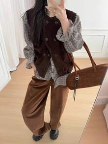 British Style Corduroy Vest Women's Autumn Double-Breasted Layering Waistcoat College Style Slimming Versatile Top - Brown - View 4