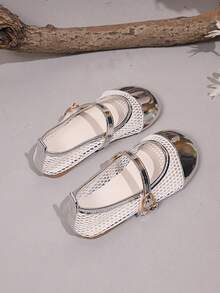 1 Pair Girls' Silver Lace Pearl Mary Jane Shoes, Soft Fabric + Slip-On Hook & Loop Material, Round Toe Flat Slip-On Design, Exquisite Cute Princess Style Ballet Shoes, Suitable For Daily Wear And Holidays - Silver - View 4