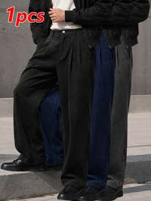 Men's Corduroy Pleated Wide Leg Pants, Button & Zipper Fly Loose Casual Business Street Style Long Trousers - Black - View 8