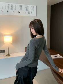 Korean Pure Desire Style Sexy Grey Striped 2-In-1 Halter Twist Long Sleeve T-Shirt Women's Autumn Lace Slim Fit Inner Layer Top - Dark Grey - View 5