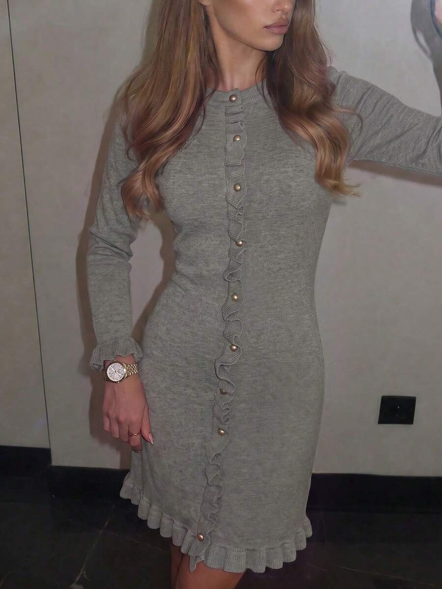 Women's Elegant Grey Ribbed Knit Fitted Long Sleeve Ruffle Hem Metal Button Sweater Dress, Autumn/Winter Date Outfit Fall