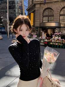 Sexy Hot Girl Fashion Rhinestone Long Sleeve Round Neck T-Shirt Women Autumn Winter Slim Fit Base Layer Top - Black - View 8