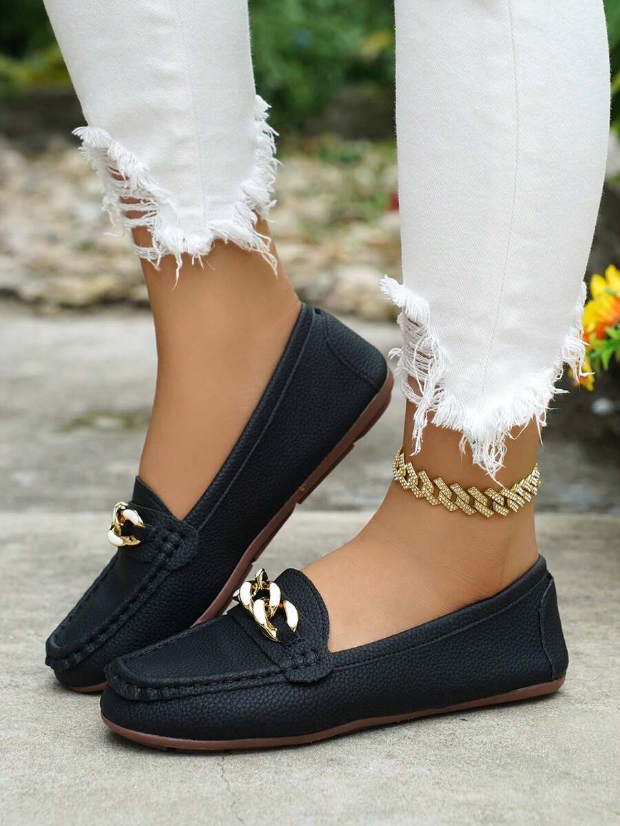 Women's Spring New Arrival Gold Chain Decor Slip-On Loafers, Light Weight Comfortable Versatile Rubber Flat Shoes - Black-two-tone - View 1