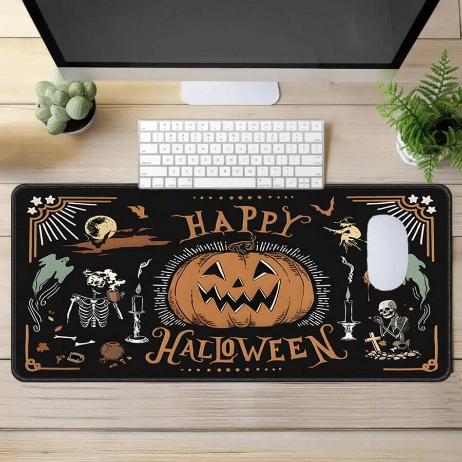 Vintage Halloween Oversized Mouse Pad, Black Background Pumpkin Skull Ghost Witch Print, Stitched Edge Soft Fabric Keyboard Desk Mat, Non-Slip Rubber Base, Gaming Office Desktop Decor Gift - View 1