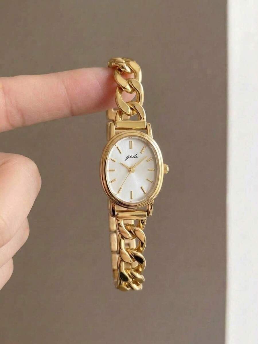 1pc Square Gold Women's Quartz Watch, Sunray Dial + Double Layered Chain Strap, Suitable For Daily Commute, Gift-Giving And Other Occasions.
