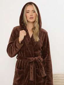 1pc Elegant Luxury Women's Long Flannel Hooded Bathrobe, Multi-Color, Suitable For Spring, Autumn And Winter, Comfortable For Home And Leisure - Mocha Brown - View 3