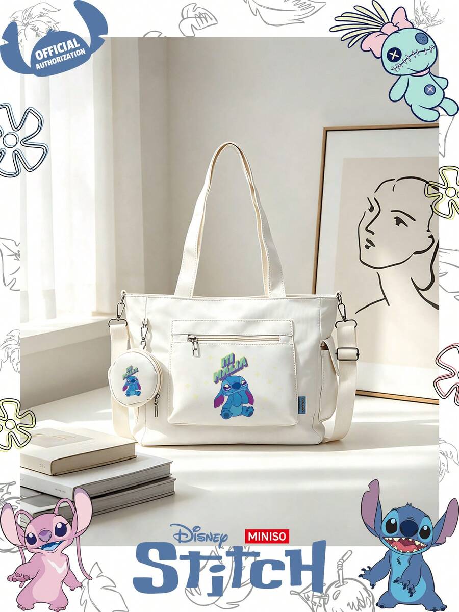 Miniso Disney Stitch 與 Malia 文字與星星卡通印花托特包 2 件組附零錢包,適合工作、旅行、購物與日常使用 - 白色 - 查看 1