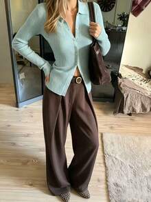 Cardigan Rajut Lengan Panjang Warna Biru Mint untuk Wanita, Serbaguna dengan Kerah Lipat, Cocok untuk Musim Gugur/Dingin - Mint Blue - View 6