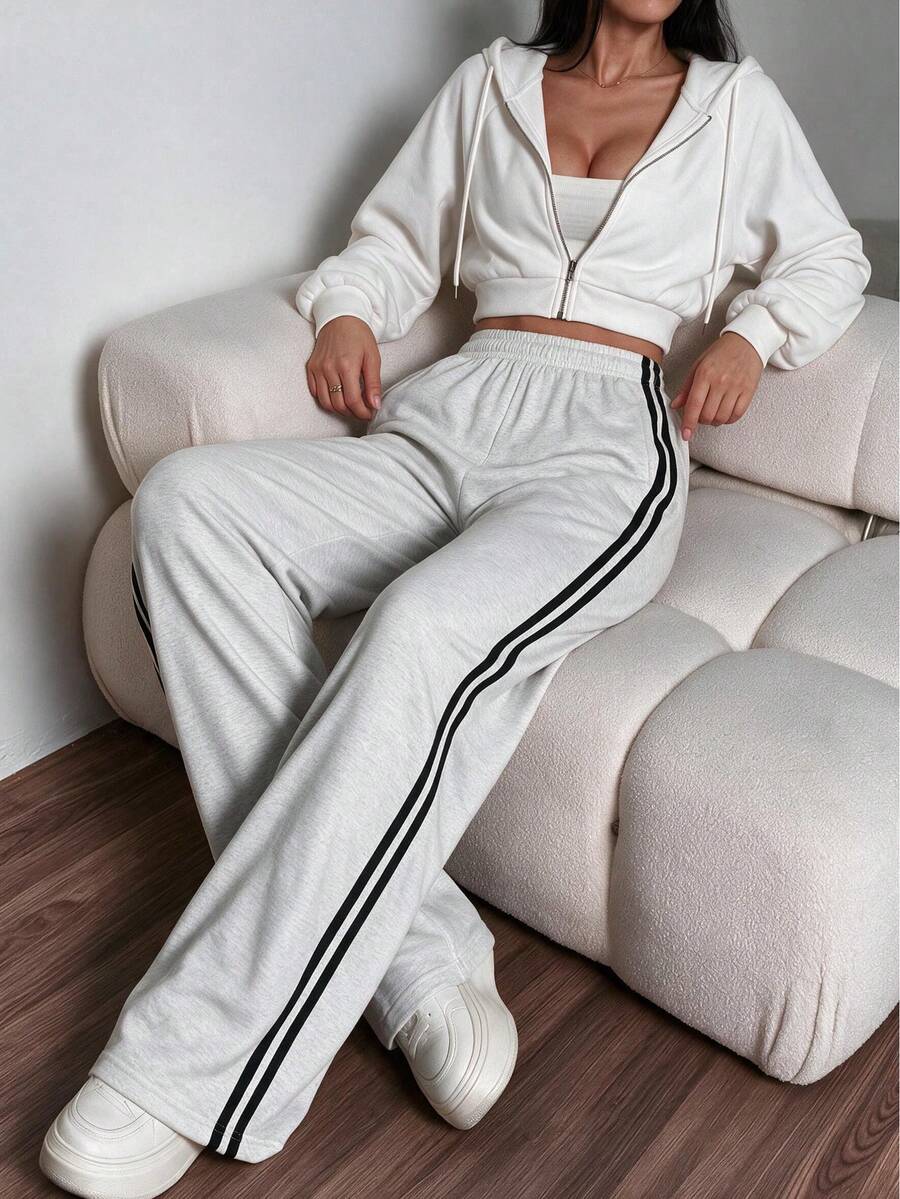Women's Side Double Stripe Straight Leg Sweatpants, Elastic Waist Drawstring Loose Drape Casual Long Pants - Light Grey - View 1