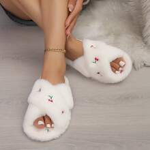 Cute Cherry Embroidered Cross Strap Fuzzy Slippers, Soft And Skin-Friendly, Versatile Women's Slippers For Home, Bedroom, Daily Wear And Outings - White - View 6