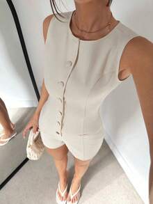 Mono short de color sólido sin mangas con botones frontales y bolsillos para mujer, conjunto de vestir elegante para salidas y trabajo - Albaricoque - Ver 5