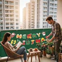 Balcony Fence Fabric, Christmas DIY Yard Decor, Balcony Railing Privacy Screen + Detachable Christmas Bunting, Reusable Porch & Fence Cover Decoration With Rope Ties, Green - Multicolor - View 6