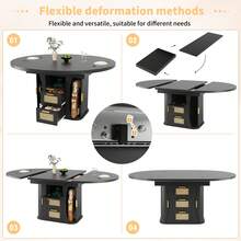 Extendable Dining Table 118-158cm, Dining Table With Rattan Storage Drawers, MDF Wood Look, Black & Natural Oak Style - Black - View 4
