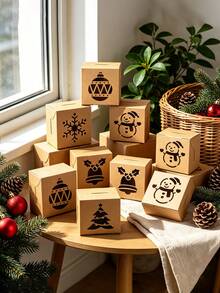 12/6/1pc-Christmas Treat Boxes For Gift Giving, Brown Gift Wrap Box With Window For Xmas Holiday Party Favor,Holiday Box With Lids,Table, Stands,Dunkerr,Cuppa,Patterned With Santa Claus, Snowmen, Snowflakes, Bells, Christmas Trees And Christmas Balls - Brown - View 2