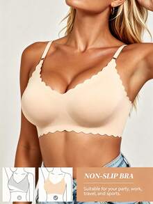 2pcs Women's Wavy Shell Edge Seamless Black/Nude Soft Breathable Wireless Support Comfortable Daily Bra - Multicolor - View 3