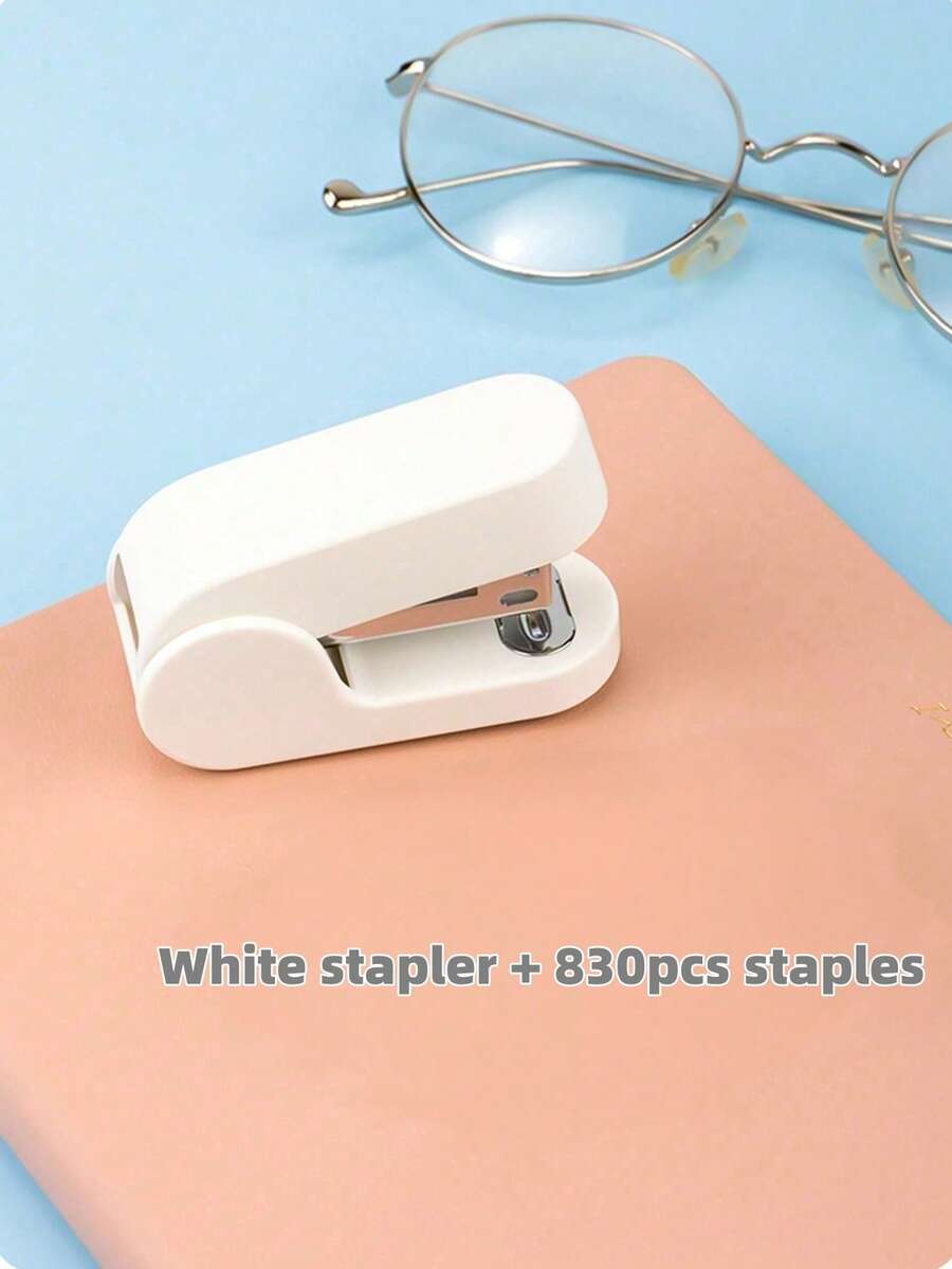1pc Portable Student Home Stapler, Includes 1 Box Of 830pcs 12# Staples, Effortless Mini Stationery Stapler, Back To School Essential, Thanksgiving, Christmas, Birthday, Halloween Creative Gift Decoration - White - View 1