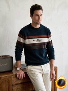 Men's Thick Striped Chenille Sweater, Business Commute & Casual Versatile Middle-Aged Knitted Pullover, Winter, Long Sleeve Top, Warming - Navy Blue - View 2