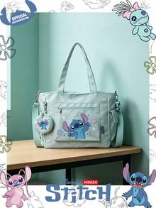 Miniso Disney Stitch Cute Heart & Star Cartoon Print Tote Bag 2 Pieces Set With Coin Purse,Ideal For Work,Travel,Shopping And Everyday Use - Mint Green - View 2