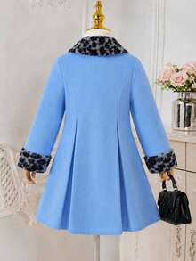 Autumn/Winter Young Girl Fashion Casual Colorblock Lapel Long Sleeve Overcoat Suitable For Outdoor Wear - Dusty Blue - View 2