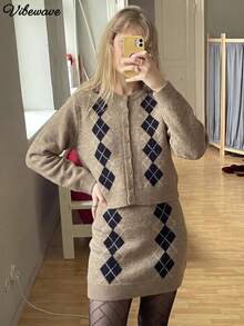 VIBEWAVE Argyle Jacquard Knit Cardigan & Dress 2 Pieces Set, Loose Vintage Preppy Style Knit Outfit, Autumn/Winter - Brown - View 2