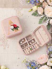 Letter PU Leather Portable Travel Jewelry Storage Box For Women, Stores Necklaces And Rings,Gift Ideas,Suitable For Home Storage And Commuting. - Flowers Letter 2 - View 80
