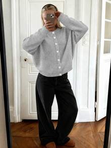 2026 New Casual Vintage Women's Front Button Cardigan, Solid Color Knitted Sweater, Spring/Autumn Long Sleeve Outerwear, Autumn/Winter Fall - Grey - View 2