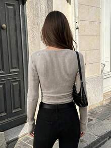 Women's Thick Knit Cowl Neck Ruched Front Fitted Long Sleeve Cardigan Jacket, Comfortable Casual Commute Daily Wear Outerwear Top, Autumn/Winter - Light Grey - View 2