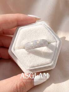 1pc Women's Shiny Zirconia Full Pave Diamond Ring, Engagement Wedding Party Daily Wear Anniversary Jewelry Gift - Silver - View 4