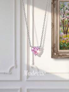 MADEONE 1 pieza Collar de corazón de circonita rosa brillante con tres puntas, regalo de joyería para uso diario, fiesta, cumpleaños y aniversario para mujeres - Polvo de platino y circonio - Ver 3