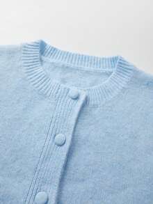 MORI Autumn/Winter Baby Blue Knit Cardigan Sweater, Girls' Solid Color Button Round Neck Pullover, Preppy Style Basic Outfit For Vacation And Outings - Blue - View 9