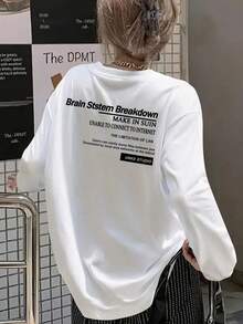女款時尚春秋純棉寬鬆百搭字母印花長袖T恤 - 白色 - 查看 1