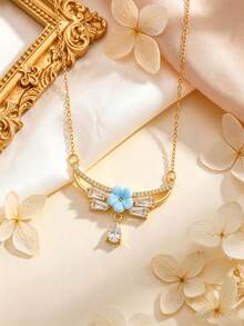 Women Flower Arc Pendant Necklace, Gold Silver Plated Colorful Floral Baguette Zirconia Teardrop Charm Necklace, Elegant Daily Party Jewelry Gift - Multicolor - View 6