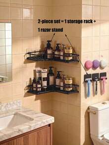 2 Pieces/3 Pieces4-Piece No-Drill Stainless Steel Bathroom Storage Rack/Accessory Set, Corner Shower Rack, Wall-Mounted Adhesive Shower Rack, Shower Gel Holder, Shampoo Holder, Soap Holder [Razor Holder And Air Freshener Also Available]. - Black - View 11