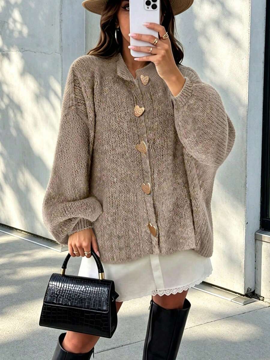 Cardigan Kasual Warna Polos Serbaguna Musim Gugur/Dingin, Modis Minimalis untuk Perjalanan Kerja dan Kantor - Khaki - View 1