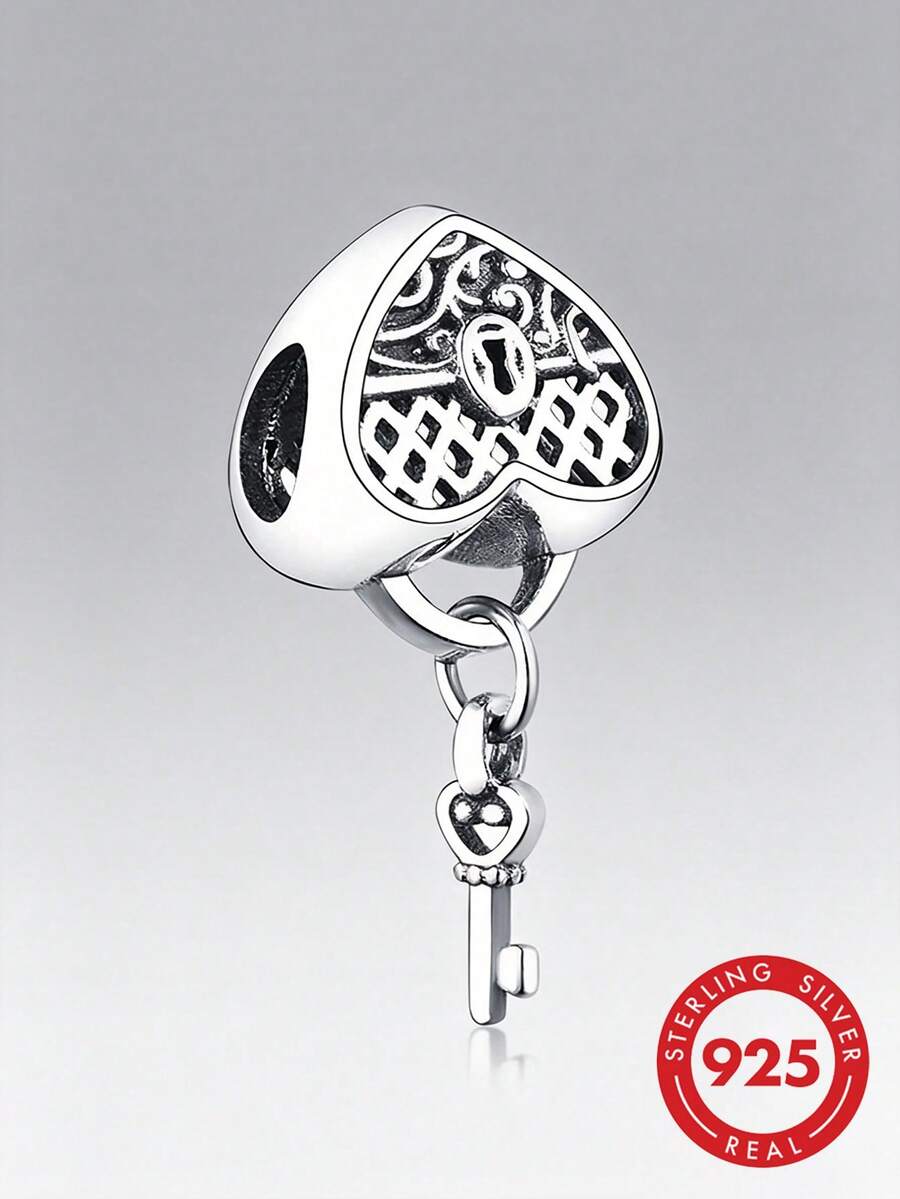 1pc S925 Sterling Silver Vintage Distressed Heart Lock & Key Bead, Hollow Floral Pattern DIY Bracelet Charm - Silver - View 1