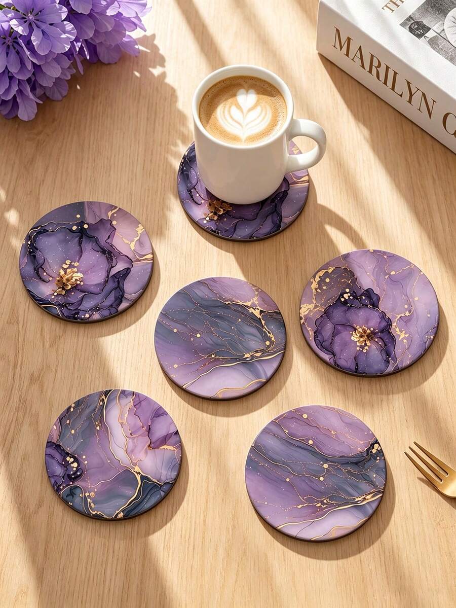 1/6/12pcs Purple Gold Rim Marble Floral Wooden Coasters, Alcohol Ink Abstract Floral Round Drink Coasters, Heat-Resistant Desktop Protection Coasters, Aesthetic Modern Home Kitchen Office Decor, Elegant Housewarming Gift - Purple - View 1