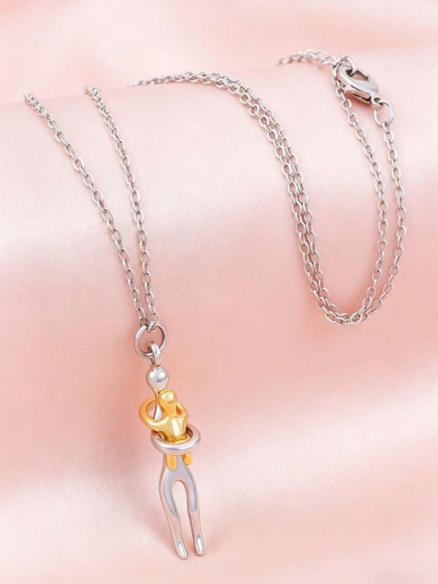 1Pc Minimalist Love Family Hugging Pendant Necklace, Two‑Color Metal Human Figure Hugging Design Necklace Daily Wear Jewelry For Parents And Children - Multicolor - View 1