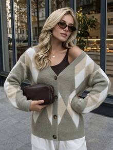 Nicenter Women's Fall Brown White Argyle Casual V Neck Button Front Knit Cardigan Long Sleeve Sweater Tops Daily Commute Outfit - Multicolor - View 1