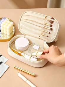 1pc Transparent Double Layer Makeup Bag, Gold Zipper Hardware, Dual Compartment Storage Design, Portable Handheld Cosmetic Bag, Suitable For Vacation, Weekend Trips And Daily Use Travel Toiletry Bag - Multicolor - View 3