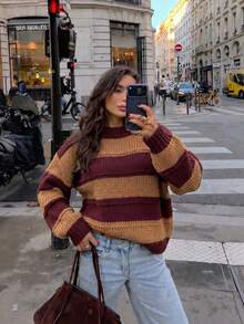 Burgundy And Camel Striped Chunky Knit Pullover Sweater, Women's Autumn Top - Multicolor - View 1