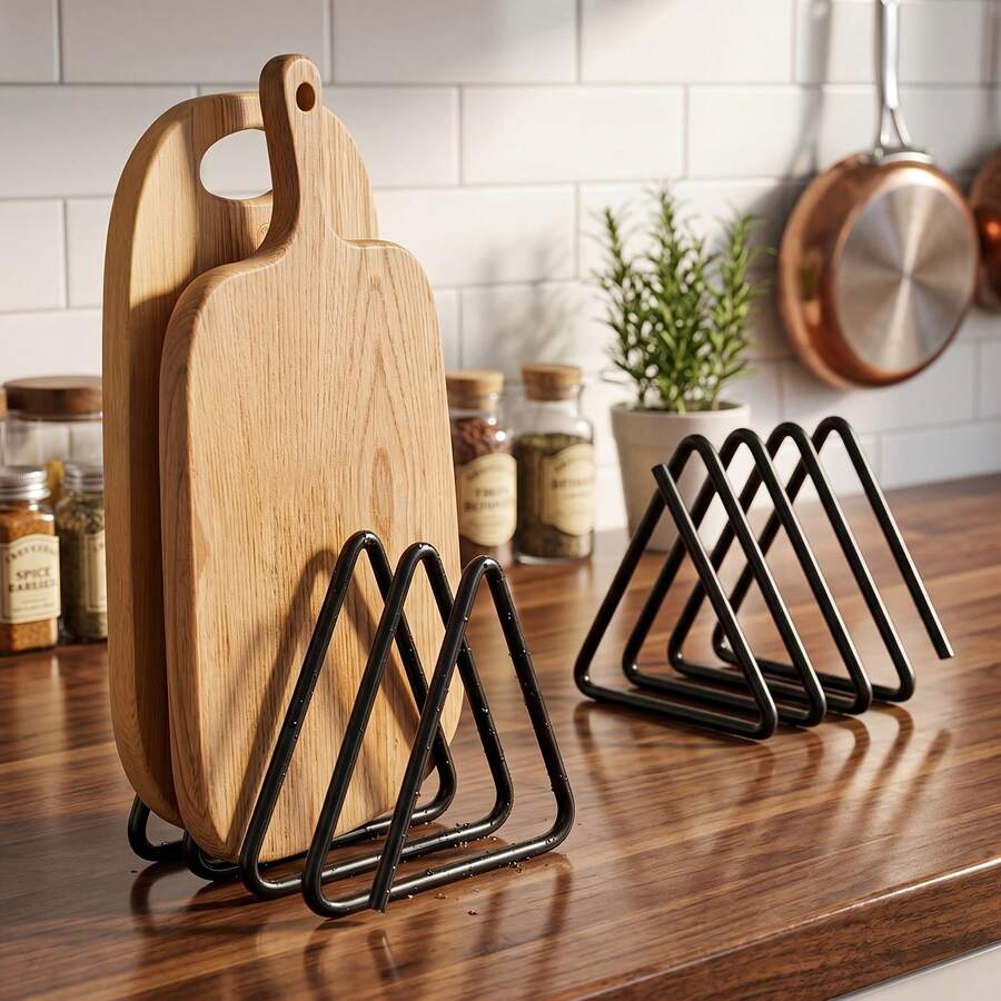 Triangular Metal Cutting Board Rack, Heavy Duty Space-Saving Countertop And Cabinet Storage Rack With Pot Holder, Kitchen Storage Organizer And Accessories, Easy To Install Sturdy Cutting Board, Cookware And Pot Lid Organizer Rack, Pantry Storage - Black - View 1