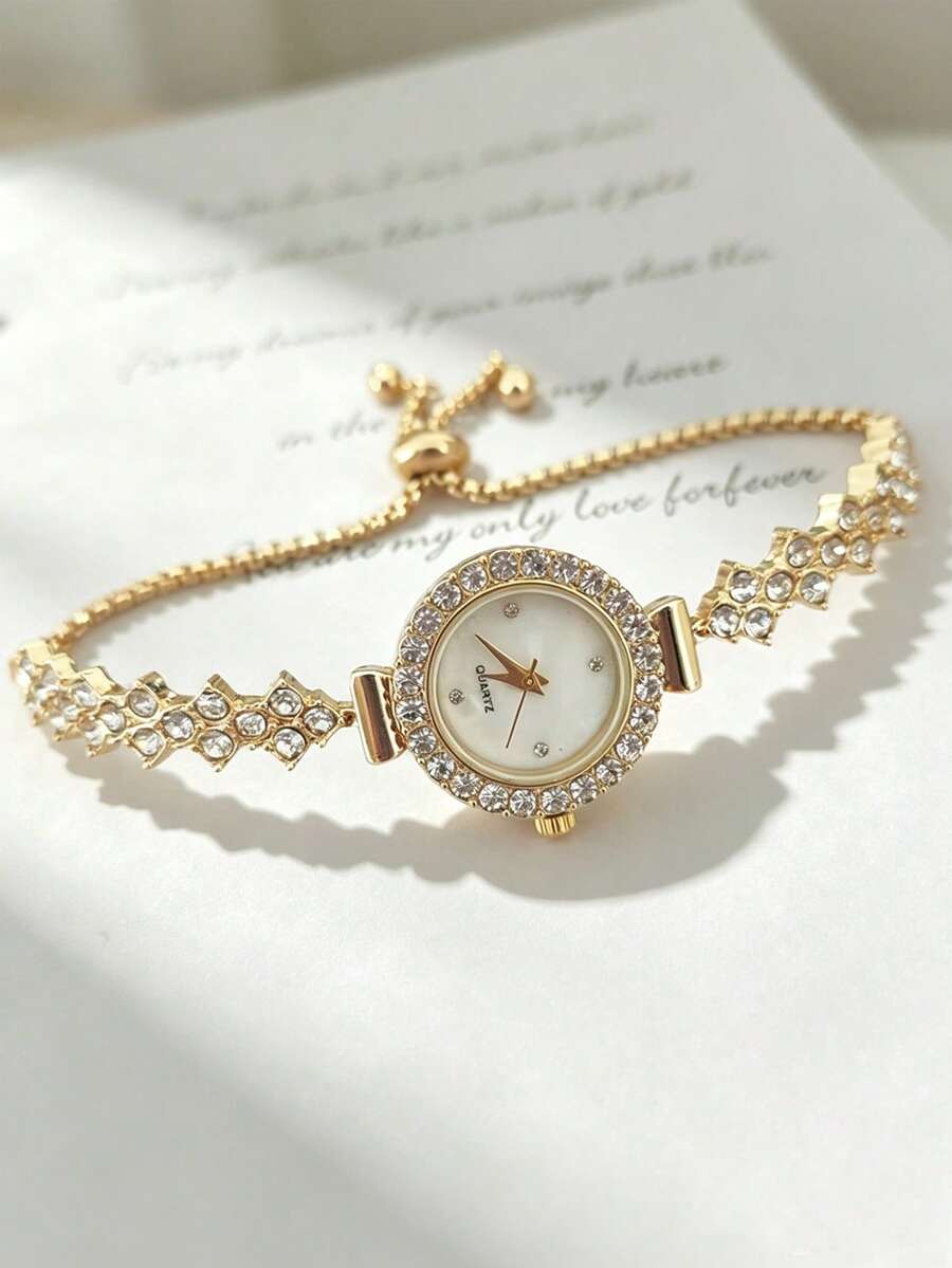 1pc French Luxury Gold-Tone Full Rhinestone Bracelet Quartz Women's Watch, Natural Mother Of Pearl Small Round Dial With Sparkling Rhinestone Bezel, Exquisite And Eye-Catching. Adjustable Pull-Chain With Unique Rhombus Rhinestone Link Design, Niche High-End Style, Shiny Gold-Plated Texture Enhances Slender Wrist Line, Perfect For Gifts And Daily Fashion Wear. - Gold - View 1