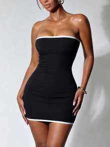 XLLAIS Women's Black White Trim Strapless Micro-Ribbed Bodycon Mini Dress - Black - View 3