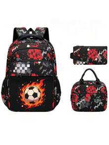 1 Set Tas Ransel Kombinasi Motif Sepak Bola, Tas Sekolah Siswa Ringan Kapasitas Besar, Tali Bahu yang Dapat Diatur, Tas Laptop Multi-Kompartemen Modis, Cocok untuk Sekolah dan Penggunaan Sehari-hari - Merah - View 11