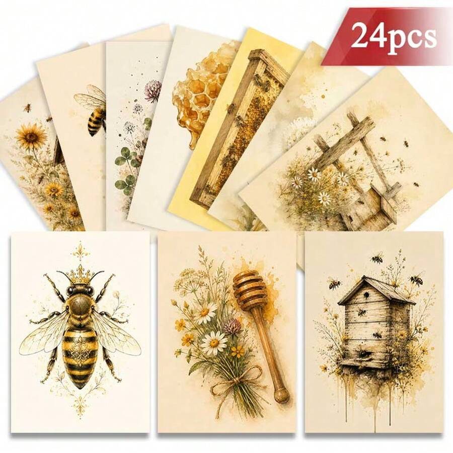 24pcs+1 Amplop Merah Kartu Pos Bunga Lebah Elegan, Kartu Ucapan Bertema Alam, Menampilkan Madu Manis dan Lebah, Cocok untuk Teman, Musim Semi, Gaya Seni Vintage - Set - View 1