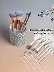 9pcs Rhinestone Makeup Brush Set, Includes Foundation, Contour, Eyeshadow, Brow Brushes And Storage Cup, Suitable For Travel, Date, Party, Photo, Daily Makeup, Full Rhinestone Handle With Soft Bristles, Portable Makeup Set, Shiny Makeup Essential - Multicolor - View 6