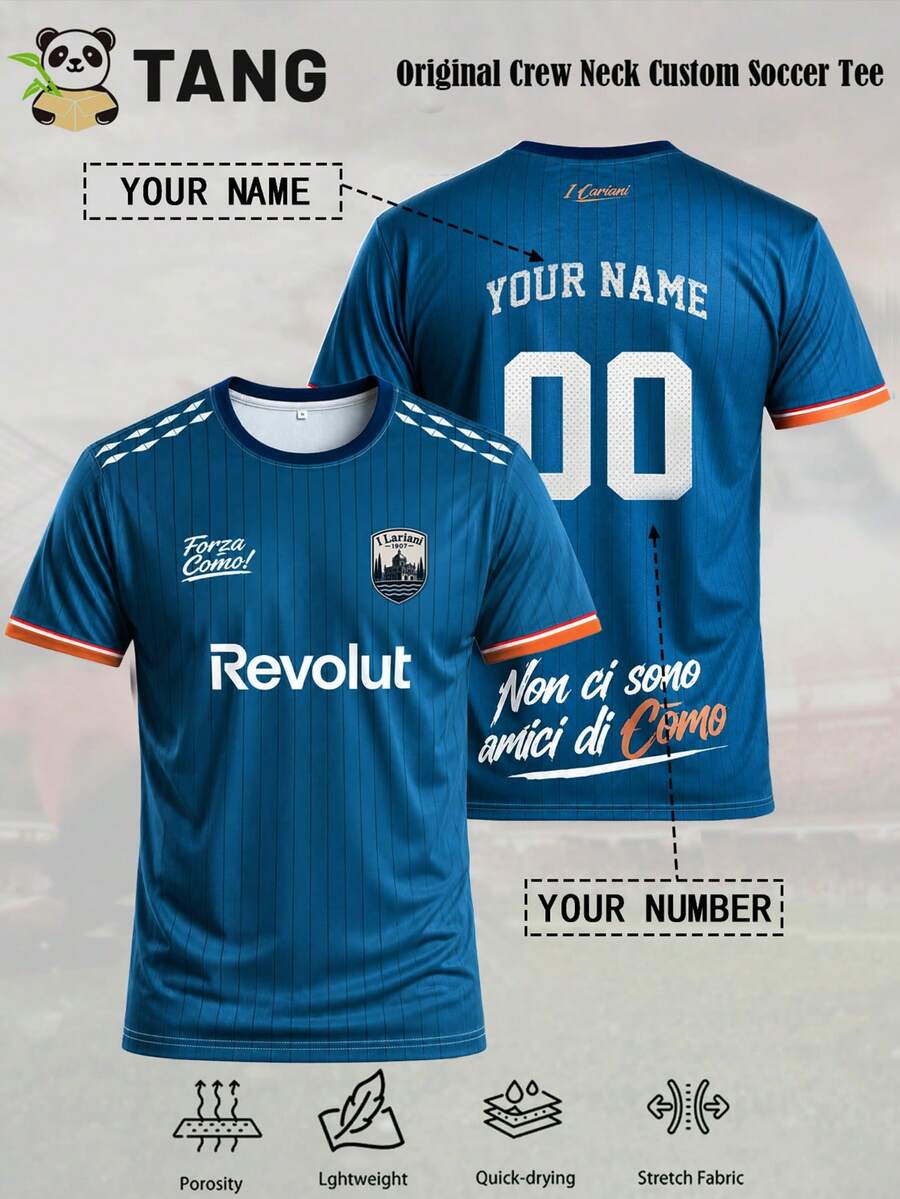 Men's Customized Como 1907 Football Jersey, Round Neck Quick-Dry Lightweight Breathable Football Top, Customizable Name And Number, Suitable For Training, Casual Sports, Great Gift