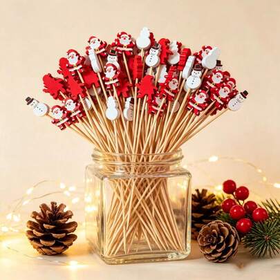 2/10/20/30/50/80/100/200PCS Christmas Theme Super Cute Series Decorative Picks, Santa Claus + Black Hat Snowman Dual Design Creative Style, 13cm/5.12 Inches Long, Multi-Functional Suitable For Party Fruit / Dessert / Mini Cake / Snack Picks, Christmas Season Dessert Table Decoration Instant Photo-Worthy Highlight, Holiday Party Dessert Table Decor Supplies